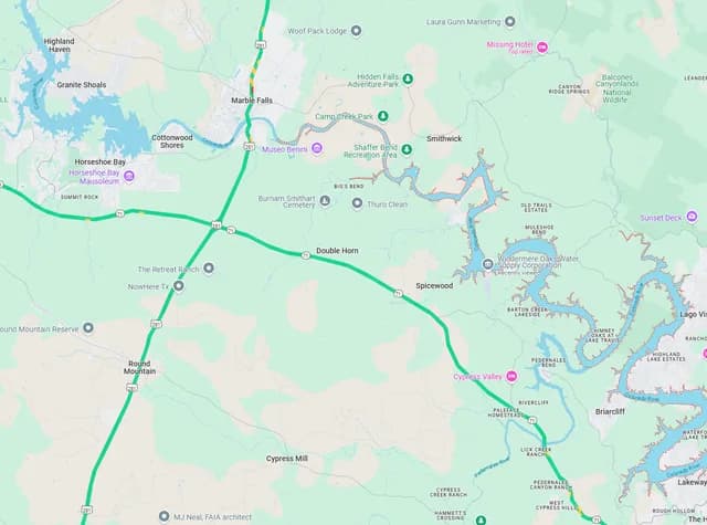 Map of the Lake Travis area near Austin
